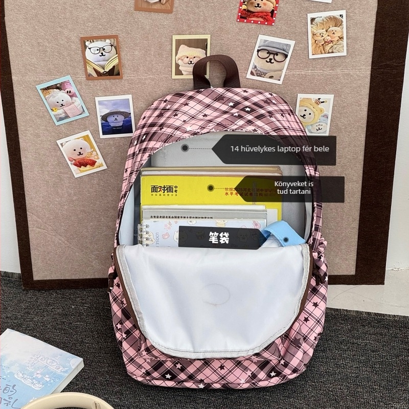 Női hátizsák kockás mintával és csillagnyomattal, koreai stílus, 20–35 L kapacitású, nejlon, 14 hüvelykes laptop kompatibilis