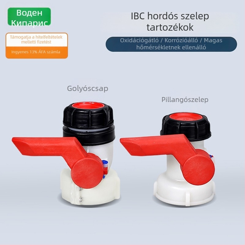 1000 L-es IBC műanyag tartály sav- és lúgálló ürítő szelep, gömbcsap, DN50 pillangócsap és kiegészítők