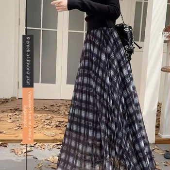 Retro jellegű hálószövetes szoknya kockás mintával 206, magas derék, plusz méret, A-vonalú, midi hosszúságú, nőknek