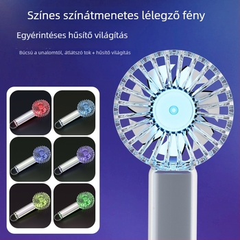 Átlátszó kézi ventilátor USB töltéssel, erős légáram, hosszú akkumulátor üzemidő, hangulatvilágítás, karabineres klip, mini ventilátor