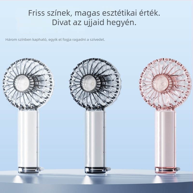 Átlátszó kézi ventilátor USB töltéssel, erős légáram, hosszú akkumulátor üzemidő, hangulatvilágítás, karabineres klip, mini ventilátor