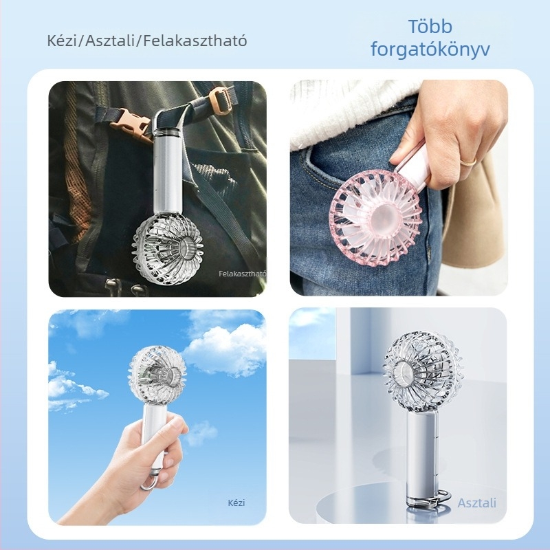 Átlátszó kézi ventilátor USB töltéssel, erős légáram, hosszú akkumulátor üzemidő, hangulatvilágítás, karabineres klip, mini ventilátor