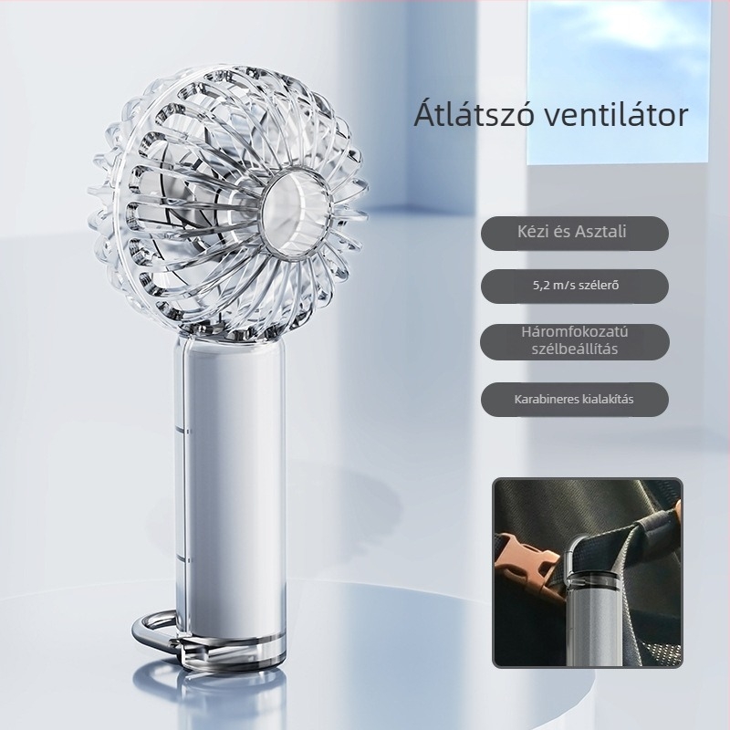 Átlátszó kézi ventilátor USB töltéssel, erős légáram, hosszú akkumulátor üzemidő, hangulatvilágítás, karabineres klip, mini ventilátor