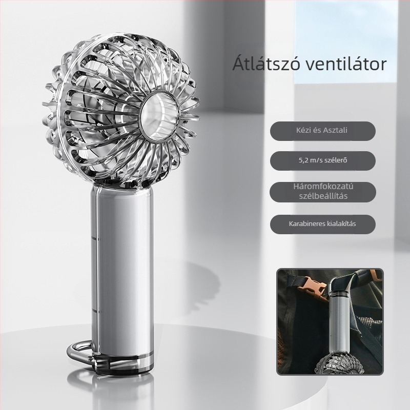 Átlátszó kézi ventilátor USB töltéssel, erős légáram, hosszú akkumulátor üzemidő, hangulatvilágítás, karabineres klip, mini ventilátor