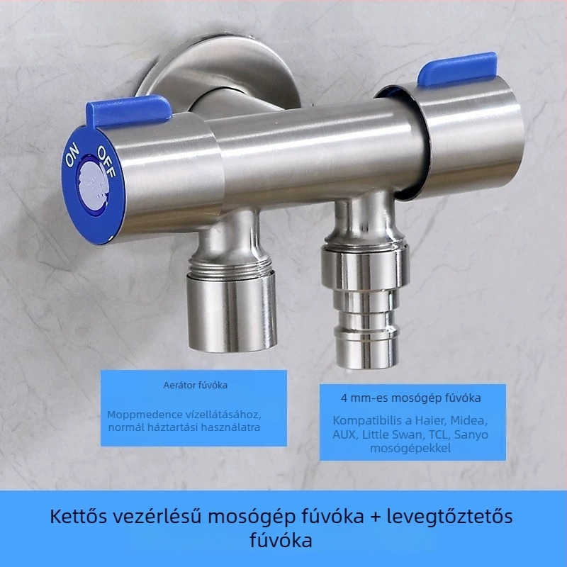 304 rozsdamentes acél, bemenet 1/2 coll, szögletes csap kettős vezérléssel a WC-hez, kettős kimenet, 3/4 coll háromutas csatlakozó