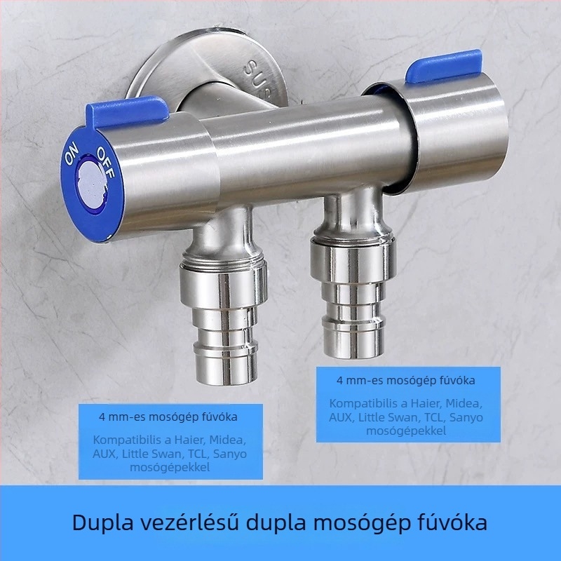 304 rozsdamentes acél, bemenet 1/2 coll, szögletes csap kettős vezérléssel a WC-hez, kettős kimenet, 3/4 coll háromutas csatlakozó