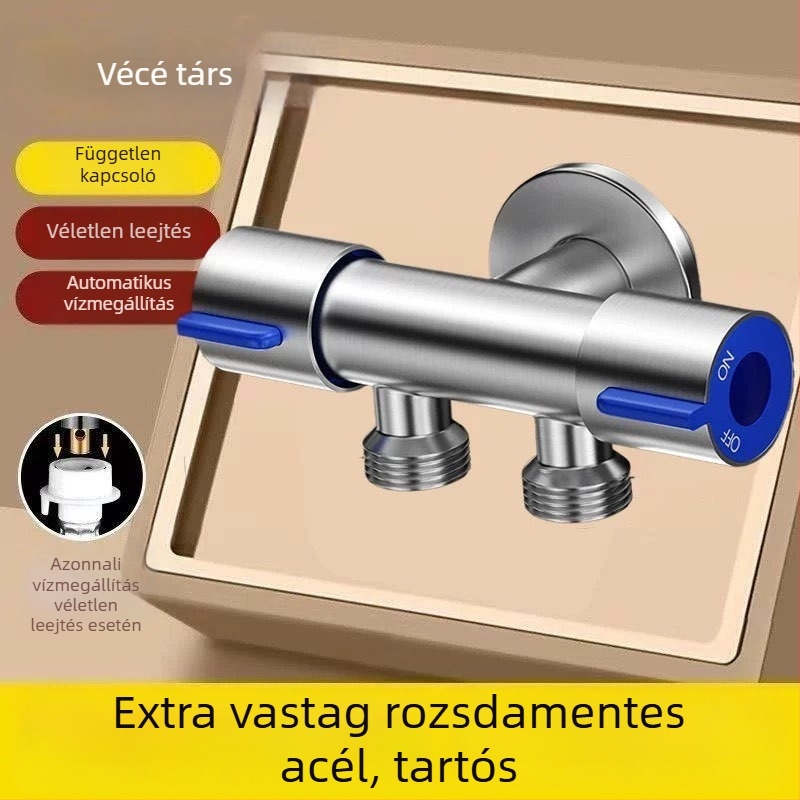 304 rozsdamentes acél, bemenet 1/2 coll, szögletes csap kettős vezérléssel a WC-hez, kettős kimenet, 3/4 coll háromutas csatlakozó