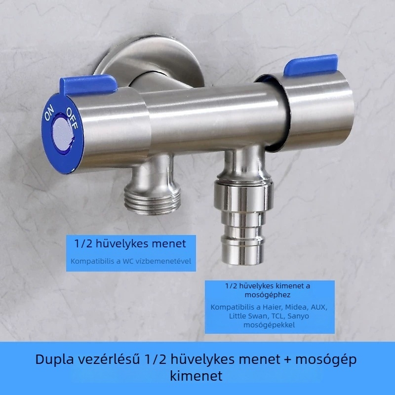 304 rozsdamentes acél, bemenet 1/2 coll, szögletes csap kettős vezérléssel a WC-hez, kettős kimenet, 3/4 coll háromutas csatlakozó