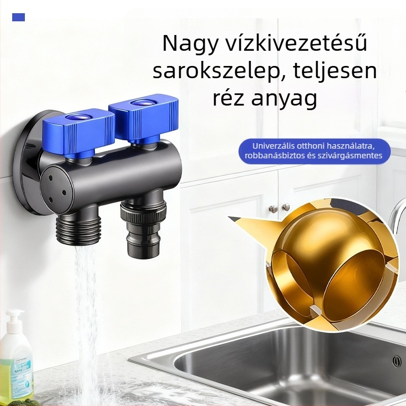 Vastagított rozsdamentes acél, 1 bemenet 2 kimenetű szögletes szelep, nagy áramlású golyóscsap, független kapcsoló, dupla fogantyú, dupla vezérlés, kompakt helytakarékos kialakítás