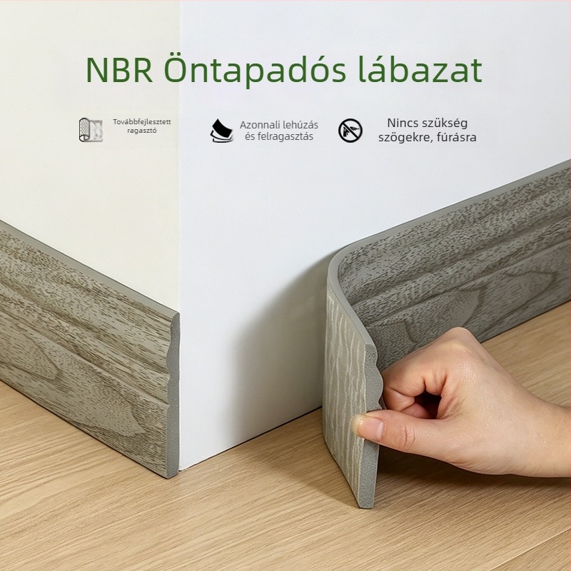 NBR önragasztó lábazat, szög nélkül, elfedi a padlóvonalat, 10 cm puha sarokszalag, fa mintázatú görgőnyomtatás