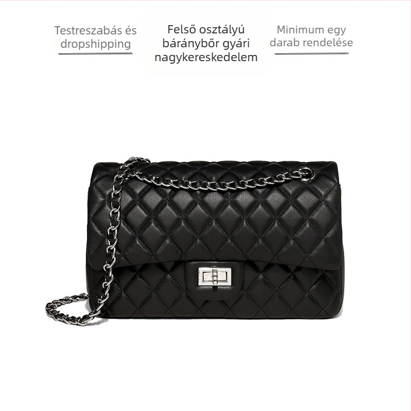 GOLEYS Chanel-stílusú női bőrtáska, varrott láncos kivitel, kis négyzet alakú, közepes méretű