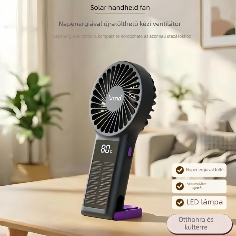 USB újratölthető mini ventilátor, erős légáram, halk, digitális kijelző, kézi napelemes ventilátor lámpával, testre szabható