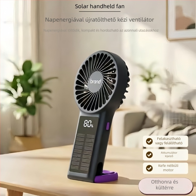 USB újratölthető mini ventilátor, erős légáram, halk, digitális kijelző, kézi napelemes ventilátor lámpával, testre szabható