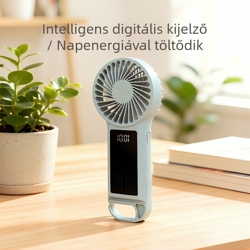 USB újratölthető mini ventilátor, erős légáram, halk, digitális kijelző, kézi napelemes ventilátor lámpával, testre szabható