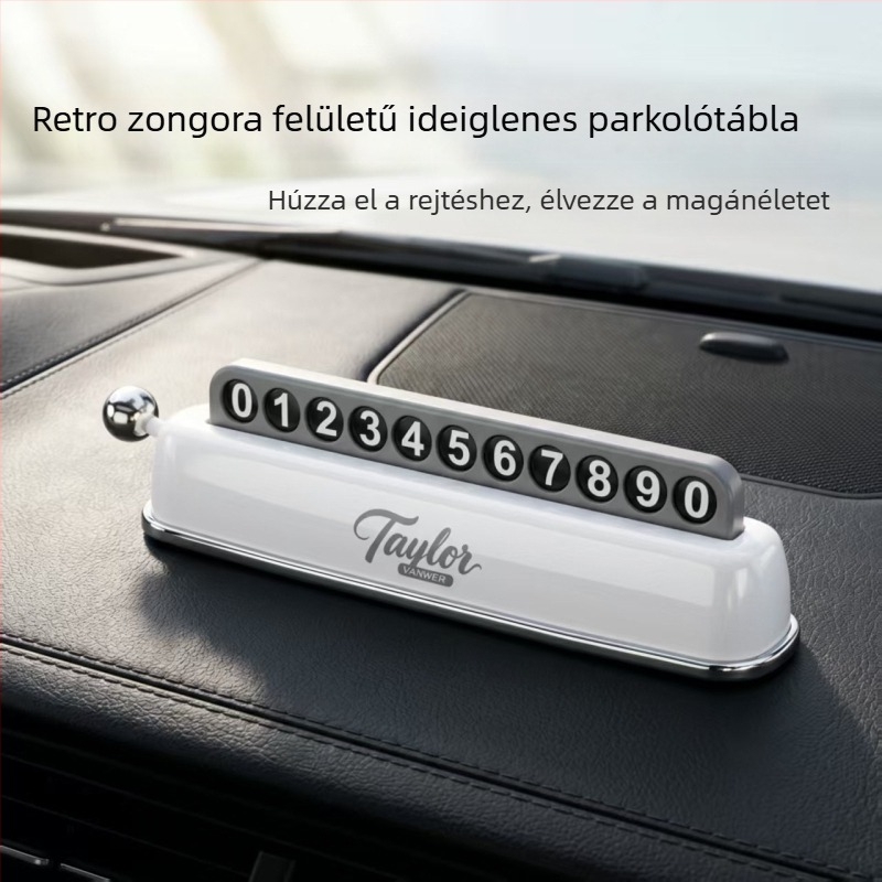 Autóhoz készült ideiglenes parkolási számtábla – telefonos elérhetőség, retro parkolási jel, kreatív dekoráció