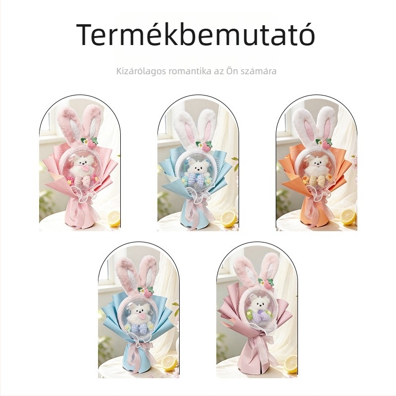 Kézzel készített szappanvirágokból készült virágcsokor babákkal, gyermeknapra, diplomaosztóra és születésnapra