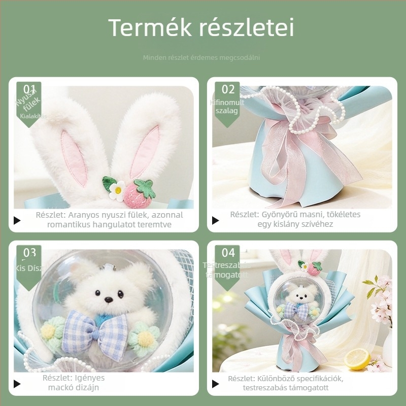 Kézzel készített szappanvirágokból készült virágcsokor babákkal, gyermeknapra, diplomaosztóra és születésnapra