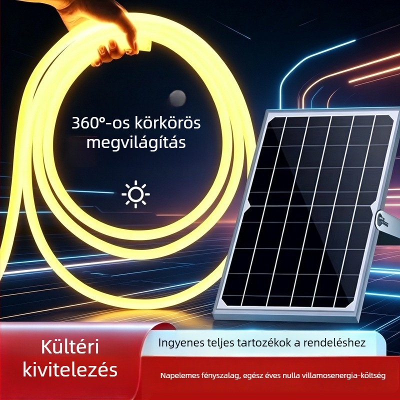 Napelemes 360°-os kerek LED rugalmas fénycsík kültéren, vízálló, hangulatvilágítás villa udvar és kert