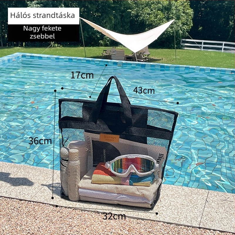 Hálós utazótáska strandhoz, nagy kapacitású, uniszex, hálós zsebbel, összecsukható úszótáska