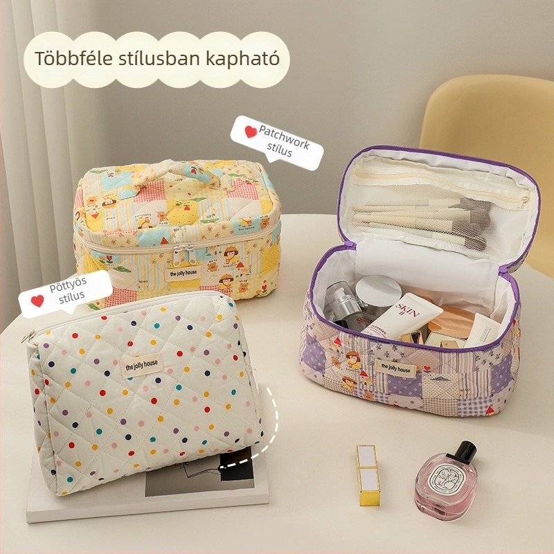 Női pöttyös sminktáska, nagy kapacitású, elegáns és hordozható, összecsukható kozmetikai táska bőrápolási termékekhez