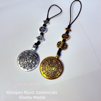 Tibeti stílusú kerek fém kulcstartó, nyolc szerencsés jel, kilenc Bagua-rész és tizenkét állatövi jel