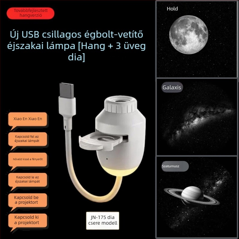 2026-os új asztali lámpa hálószobába, szemvédo éjjeli lámpa cserélhető üveglapokkal, USB-s tápegység, csillagos ég kivetítéssel