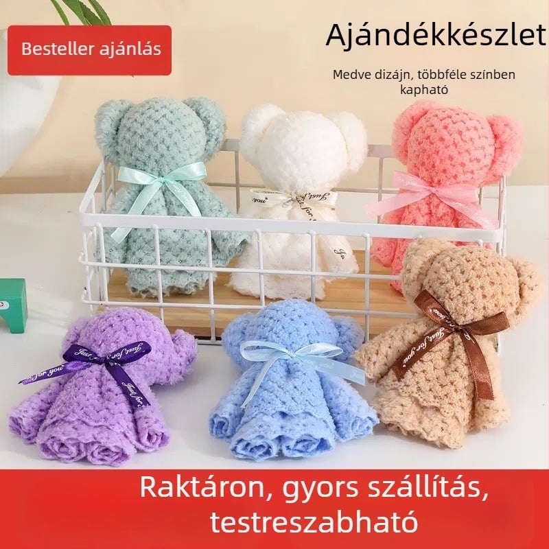 Korall velúr mackó törölköző - ajándék óvodai ballagásra, esküvői ajándék, emléktárgy rendezvényre