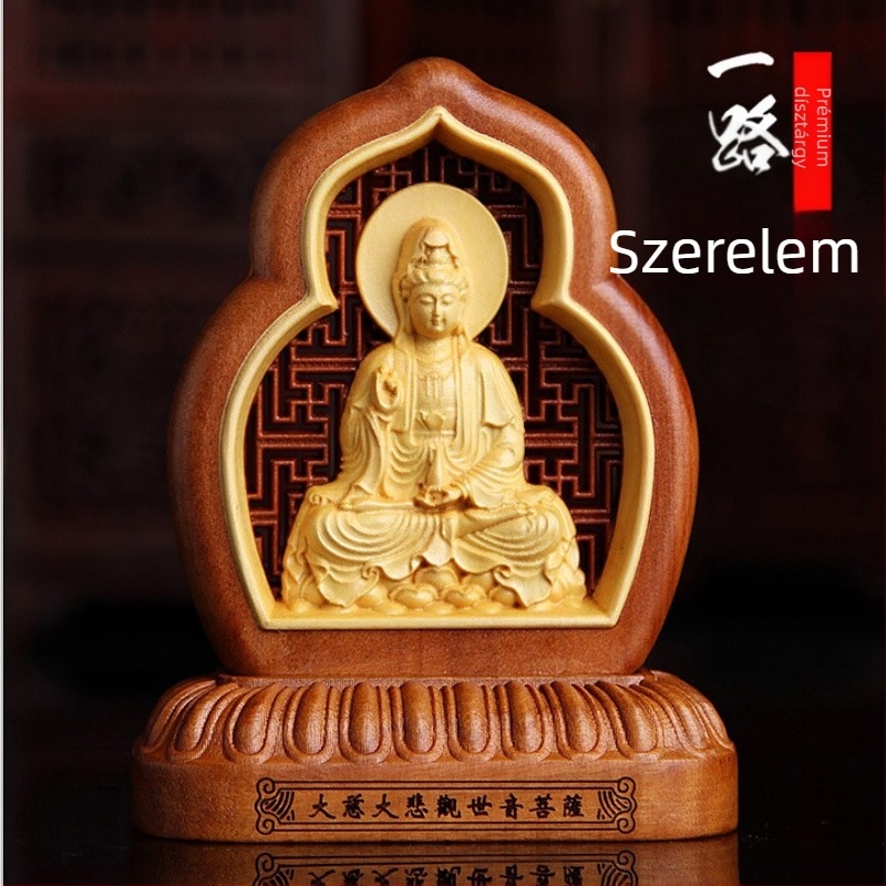 Autó belső tér dekoráció: Guanyin és Maitreya szobor, nyitott mintázatú boxwood és jujube fa, vintage stílusú áldás és biztonság talizmán
