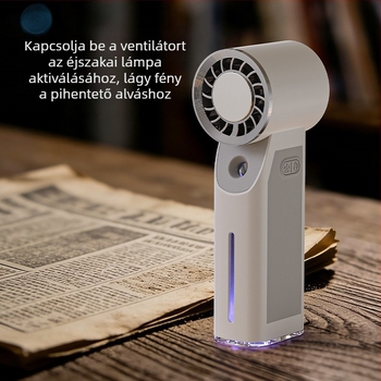 Jégspray-vel ellátott kézi, lapát nélküli ventilátor a hűtéshez és nedvesítéshez, kompakt kültéri és asztali használatra.
