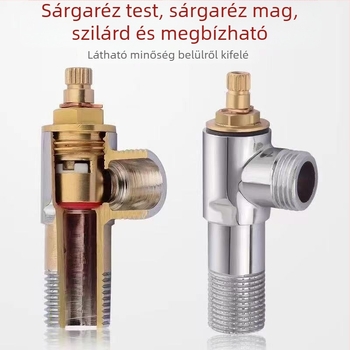Réz anyagú, vastagított szögletes szelep forró és hideg vízhez, háztartási fürdőszobai bojlerhez, egy bemenet, két kimenet, 1/2 hüvelykes menet.