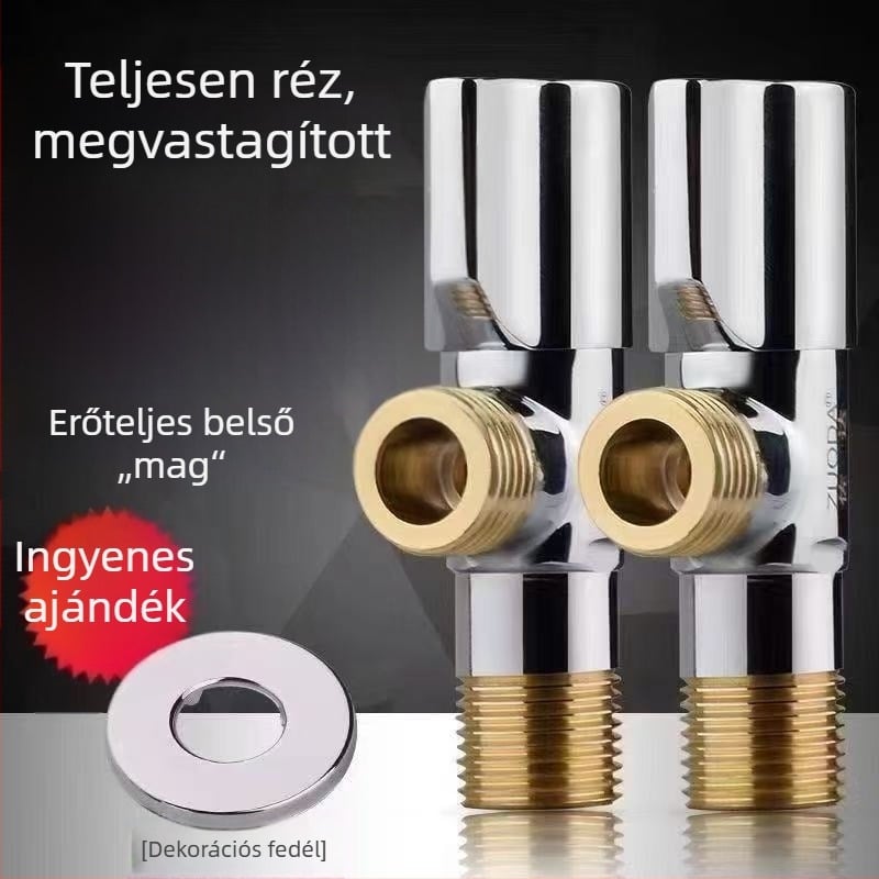 Réz anyagú, vastagított szögletes szelep forró és hideg vízhez, háztartási fürdőszobai bojlerhez, egy bemenet, két kimenet, 1/2 hüvelykes menet.