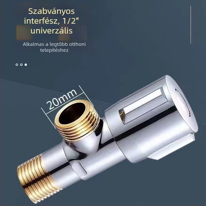 Réz anyagú, vastagított szögletes szelep forró és hideg vízhez, háztartási fürdőszobai bojlerhez, egy bemenet, két kimenet, 1/2 hüvelykes menet.