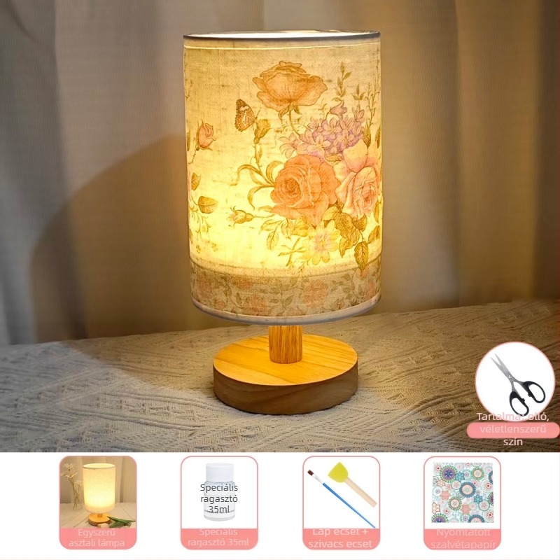 Kézzel készített DIY asztali lámpa készlet, szerszámokkal, európai stílusú virágos textile lámpabúra, kreatív dekoratív éjszakai fény