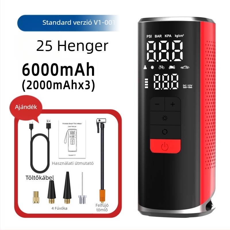 Autóba szerelhető, vezeték nélküli légpumpa, hordozható, nagy teljesítményű, magas nyomás, USB töltés, LED világítás, automatikus kikapcsolás