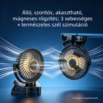 USB-s csíptetős asztali ventilátor mágneses éjjeli lámpával, kompakt 4 az 1-ben