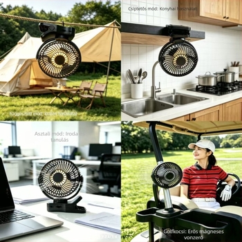 USB-s csíptetős asztali ventilátor mágneses éjjeli lámpával, kompakt 4 az 1-ben
