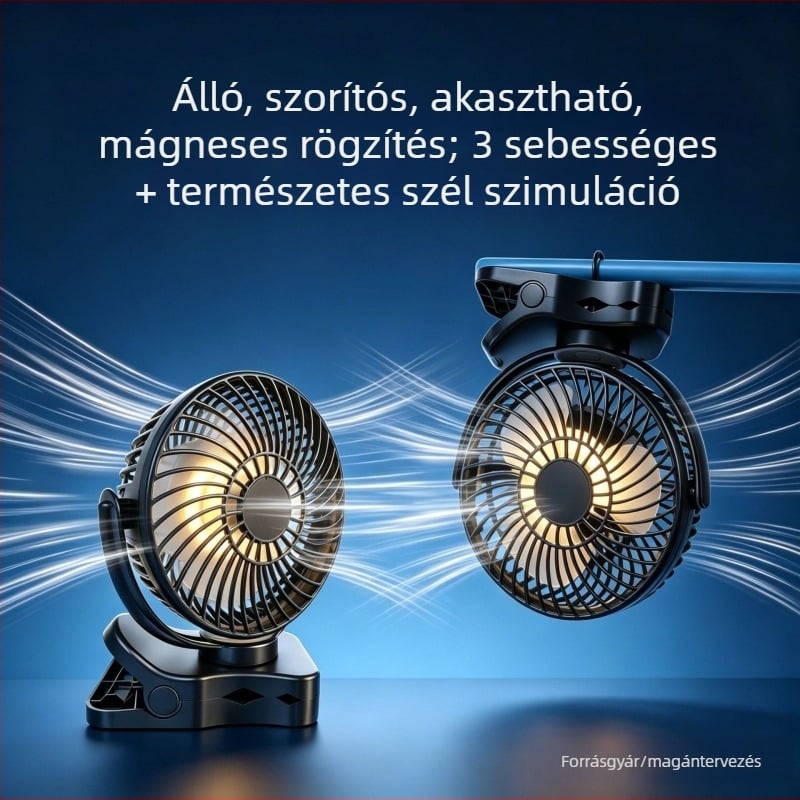 USB-s csíptetős asztali ventilátor mágneses éjjeli lámpával, kompakt 4 az 1-ben