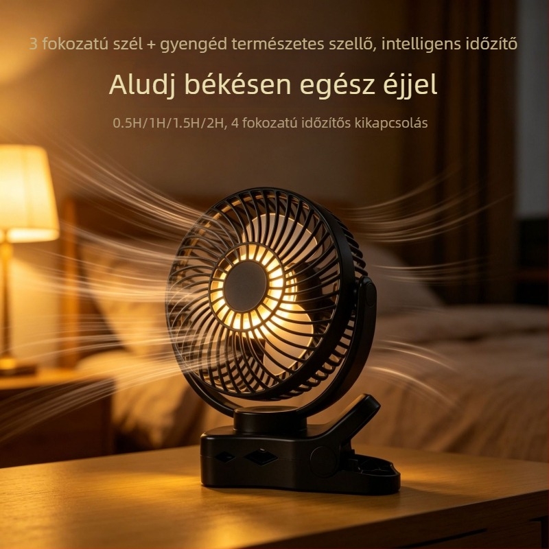 USB-s csíptetős asztali ventilátor mágneses éjjeli lámpával, kompakt 4 az 1-ben
