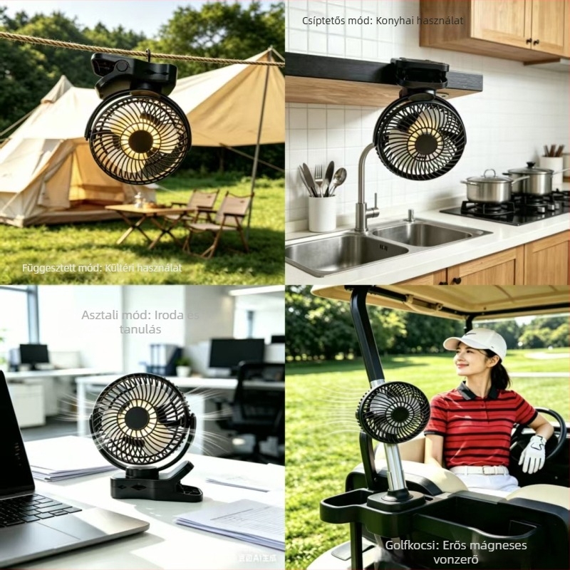 USB-s csíptetős asztali ventilátor mágneses éjjeli lámpával, kompakt 4 az 1-ben