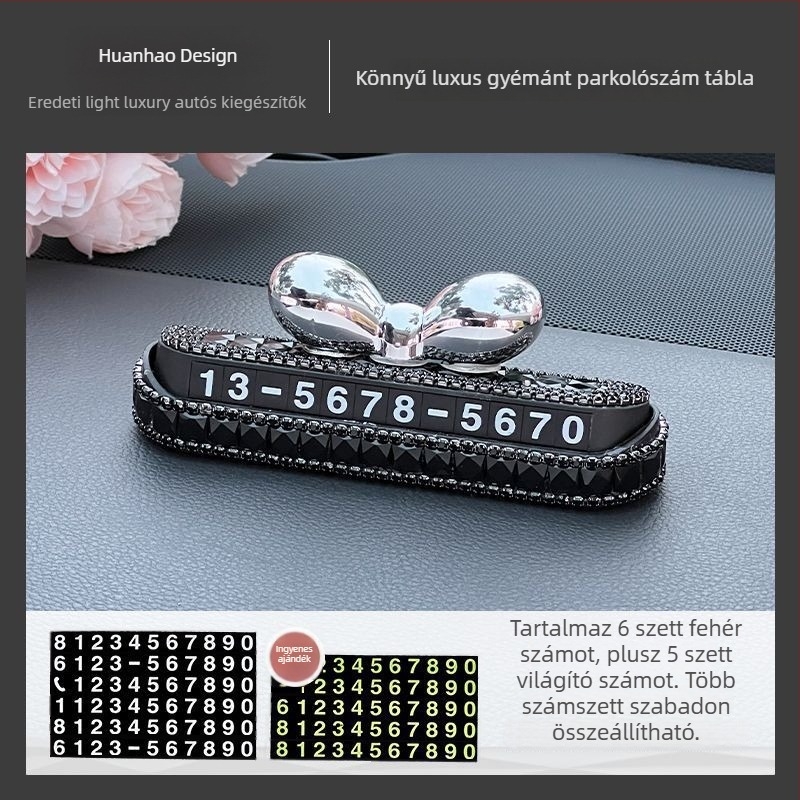 Ideiglenes parkolási tábla autóhoz telefonszámmal és masnival — foszforeszkáló a sötétben, prémium megjelenés