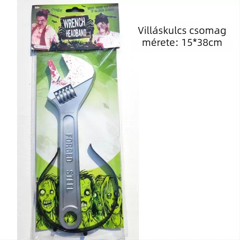 Halloween fejfedő kellék készlet: hamis konyhai kés, fűrész és bárd zombis sminkhez
