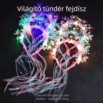 Fénylő pillangó virágkoszorú fejpánt, LED-es fotó kellék partihoz