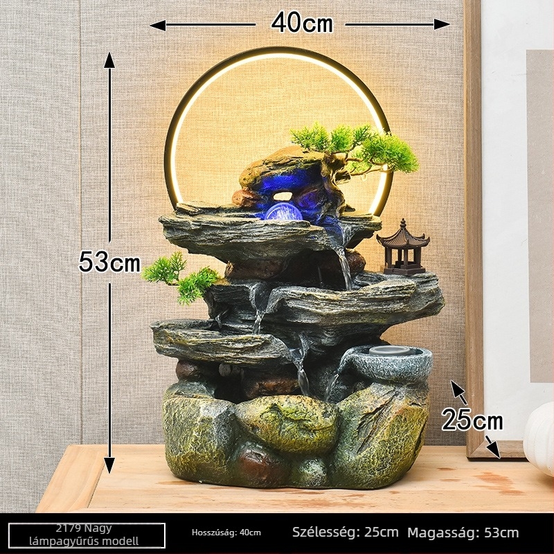 Asztali kőzetes tájú dekoráció, vízfolyással és Feng Shui kerékkel