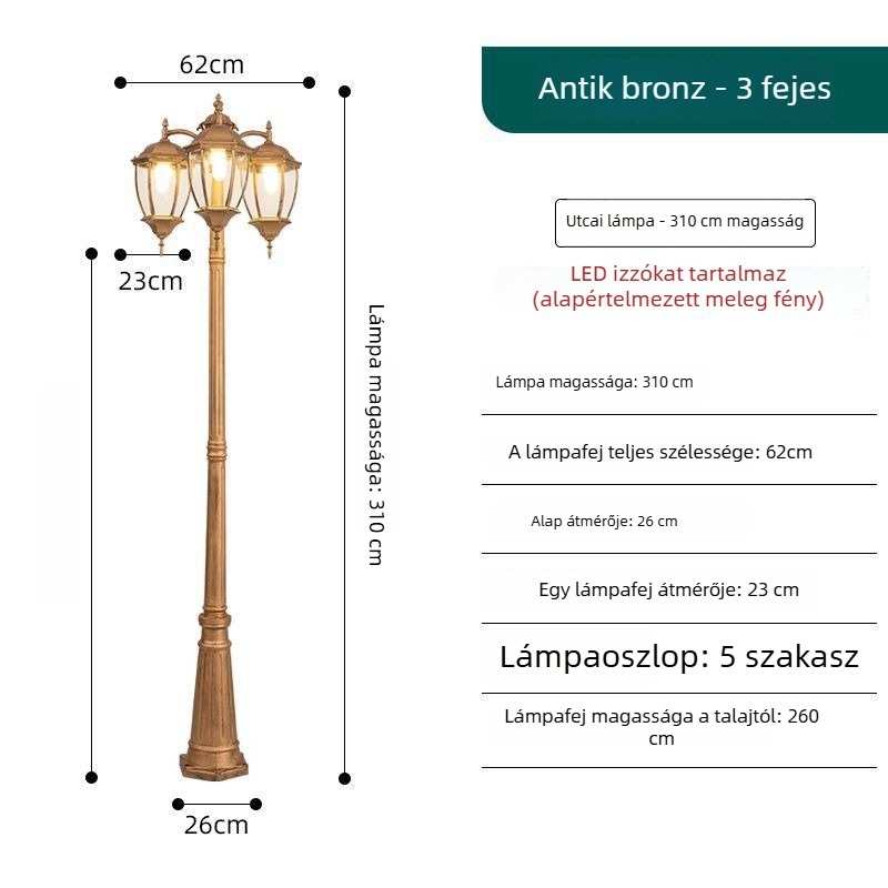 Európai stílusú kultúrai alumínium lámpa udvarra, kertbe vagy parkba, magas oszloppal, retro vízálló kültéri világítás