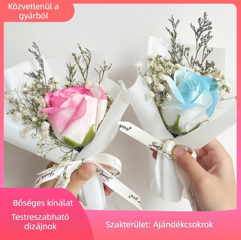 Kézzel készített mini csokor művirágú rózsákból és száraz virágokból, születésnapra és esküvői dekorációhoz