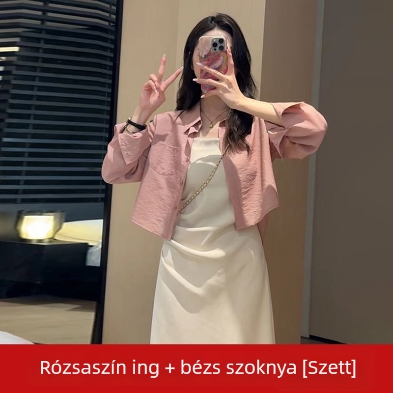 Két darabos vállpántos ruhaszett nőknek, tavasz–nyár öltözet, 2026-os új modell francia stílusú tengerparti nyaraláshoz, hosszú ruha