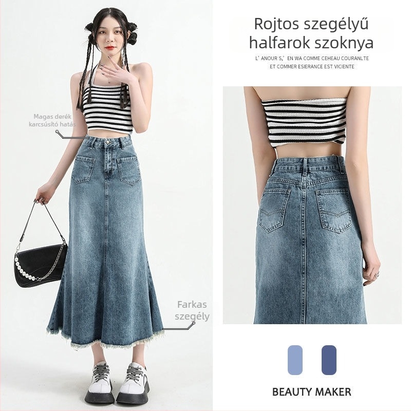 Prémium denim halcsont szoknya, magas derekú, hosszú, kék, retró stílus drapált