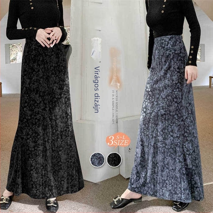 Őszi–téli új mintás velúr fishtail midi szoknya, magas derék, karcsúsító esés, japán-koreai stílus