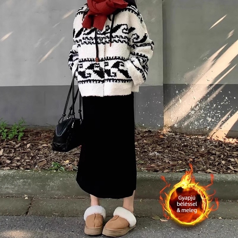 Corduroy hosszú A‑vonalú szoknya téli, plusz méret, hasat takaró fleece-béléssel