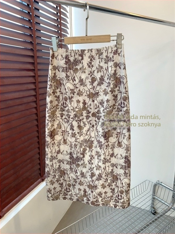 Romantikus és elegáns, ködös retro szőlőindás Barokk mintázatú, H-alakú szabás, magas derék, hátsó hasítékkal, midi szoknya nyárra